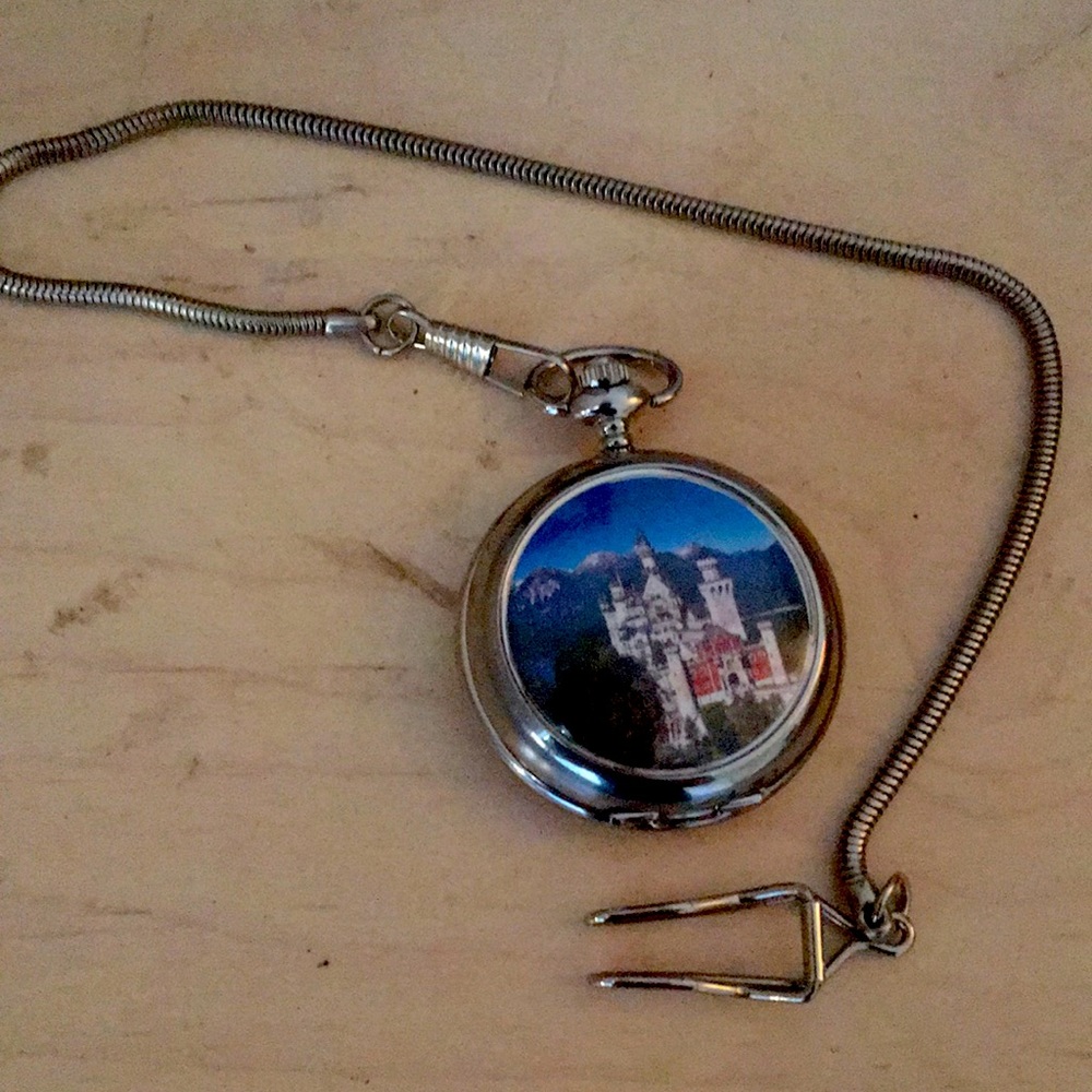 Medieval castle stainless steel pocket watch